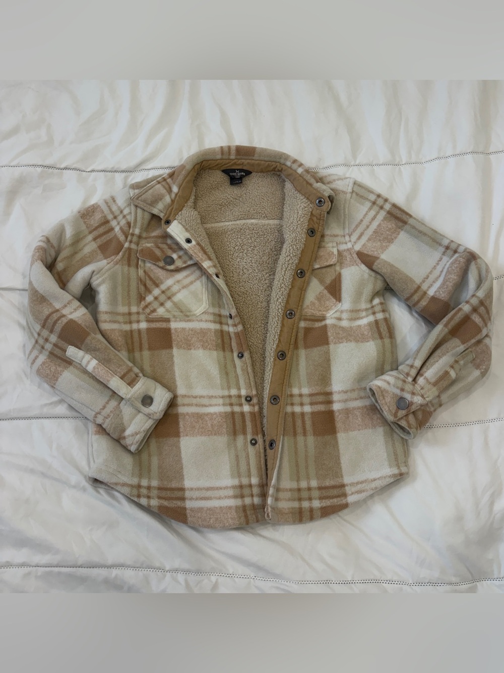 Eddie Bauer Cozy Plaid Sherpa-Lined Kids medium Jacket - Tan & Cream